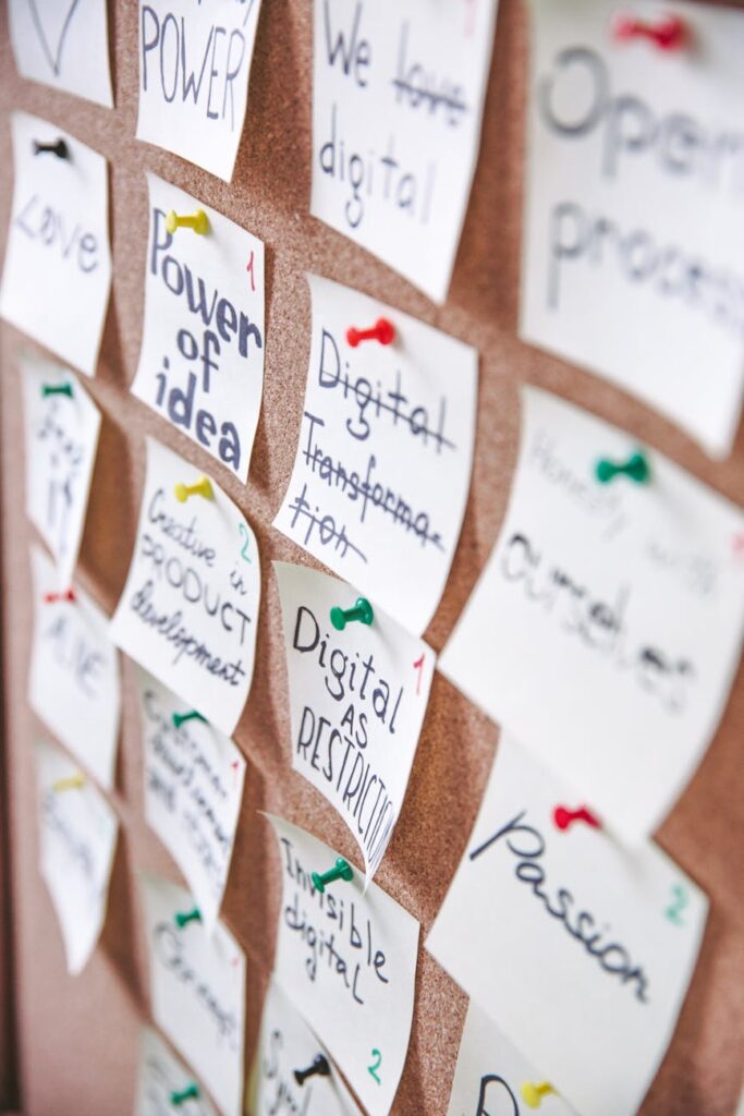 pexels photo 3782231 3782231 A cork board filled with sticky notes showcasing ideas and digital transformation concepts.